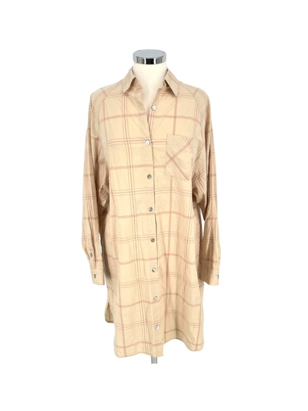 Jackson Rowe Beau Plaid Button-Up Oversized Shirt Dress Beige Size Medium NWOT
